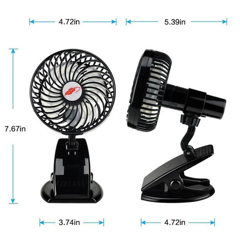 Mini USB Clip Fan – Silent 4-Blade Stroller & Desk Fan, Rechargeable, 3 Speeds, Portable Cooling with USB Output