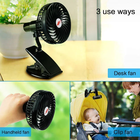 Mini USB Clip Fan – Silent 4-Blade Stroller & Desk Fan, Rechargeable, 3 Speeds, Portable Cooling with USB Output